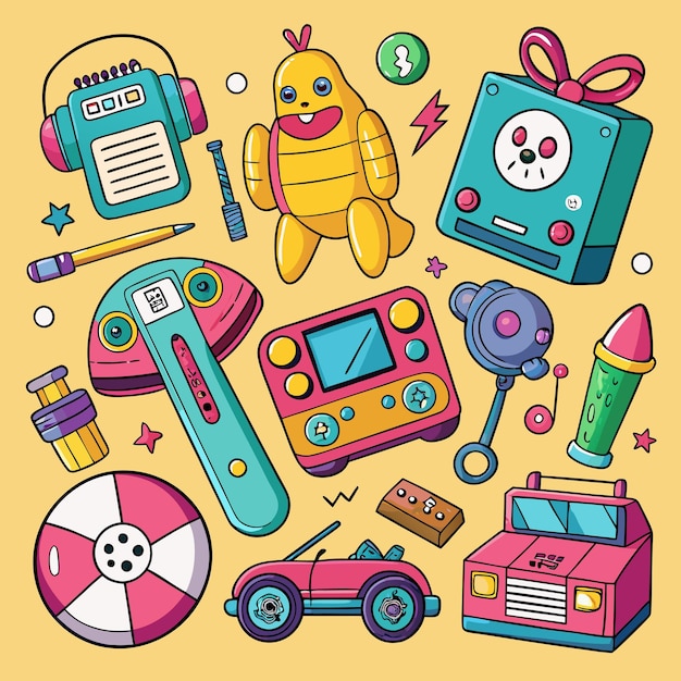 Vector handdrawn 90s era toys and gadgets set