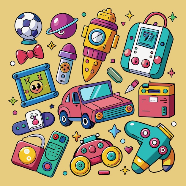 Vector handdrawn 90s era toys and gadgets set