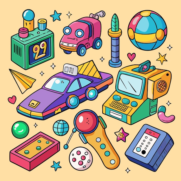 Vector handdrawn 90s era toys and gadgets set