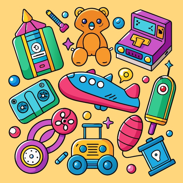 Vector handdrawn 90s era toys and gadgets set