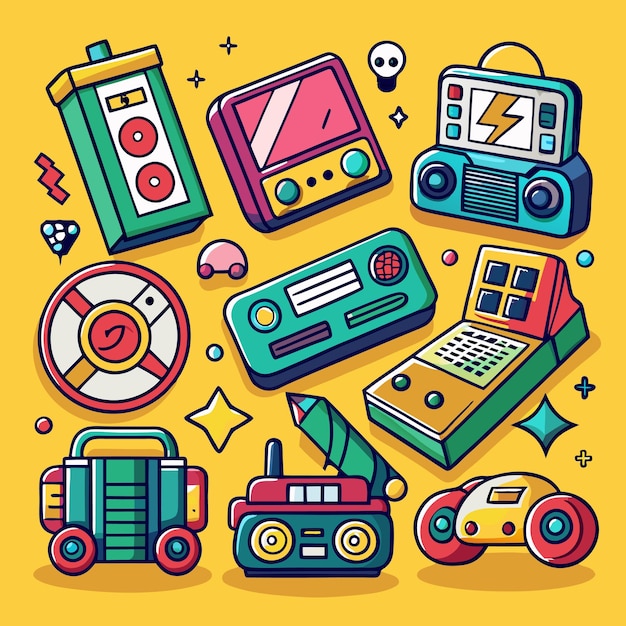 Vector handdrawn 90s era toys and gadgets set