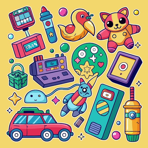 Vector handdrawn 90s era toys and gadgets set