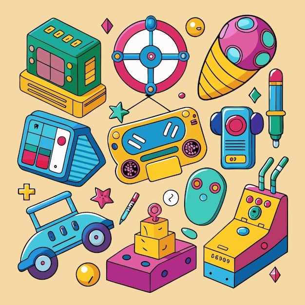 Vector handdrawn 90s era toys and gadgets set