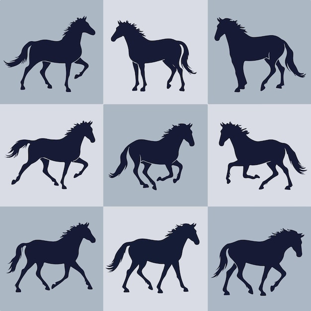 Vector handdrawn animal horses silhouette set