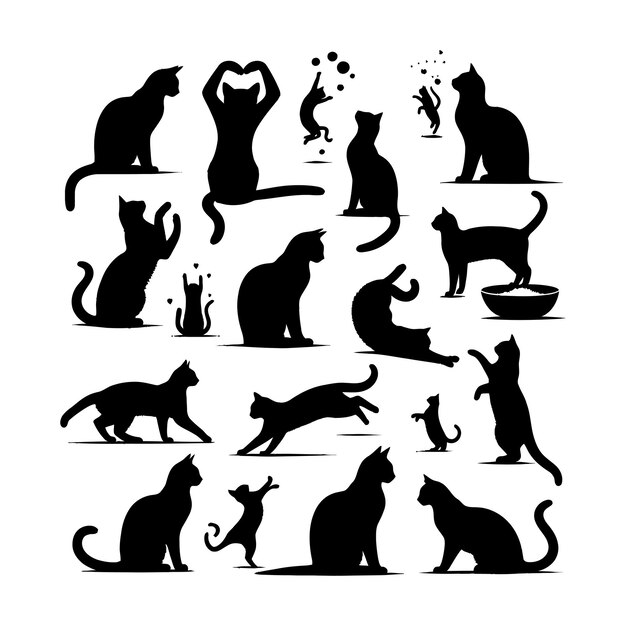 Vector handdrawn animals set flat design cat silhouette vector