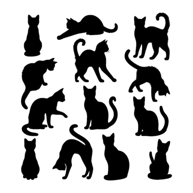 Handdrawn animals set Flat design Cat silhouette vector