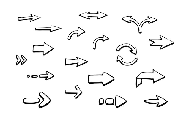 Handdrawn arrows in a doodle style A set of black arrows of different directions and shapes Up down left right twisted and split Isolated on a white background Vector graphics