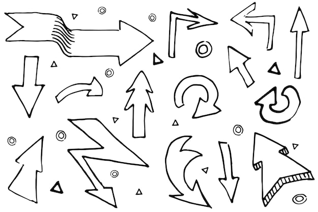 Handdrawn arrows set doodle icon. Hand drawn black sketch. Sign cartoon symbol. Decoration element. White background. Isolated. Flat design. Vector illustration.