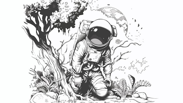 Vector handdrawn astronaut in forest vector illustration