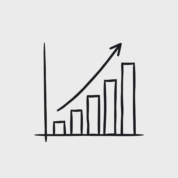 Vector handdrawn bar graph with an upward arrow indicating growth and progress