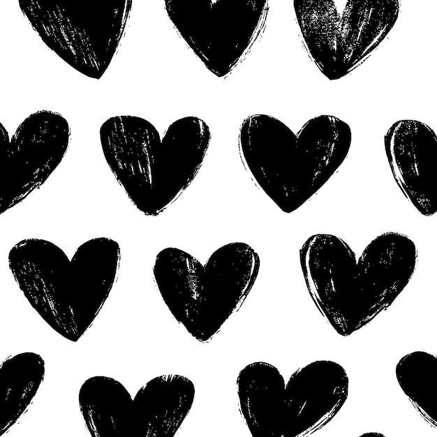 Vector handdrawn black hearts pattern on white background