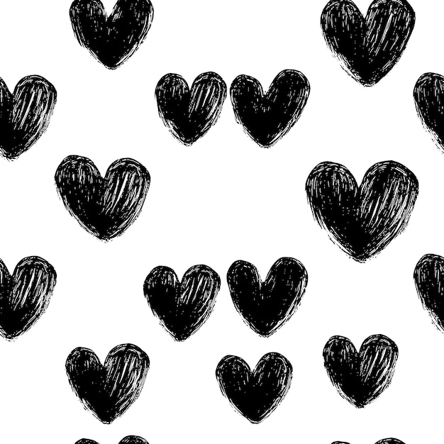 Vector handdrawn black hearts pattern on white background