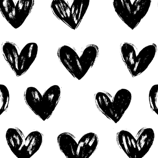 Vector handdrawn black hearts pattern on white background