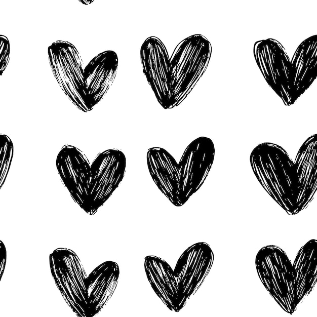 Vector handdrawn black hearts pattern on white background