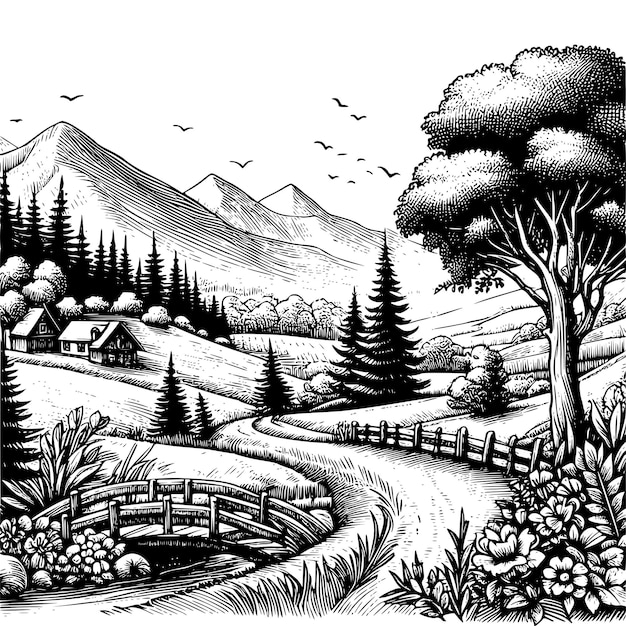 HandDrawn Black Outline Nature Illustration Scenic Landscape