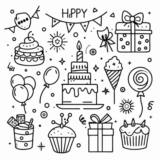 Handdrawn black and white birthday party doodle elements with cake balloons present and confetti