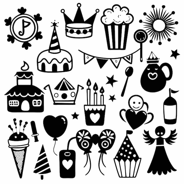 Vector handdrawn black and white celebration icons