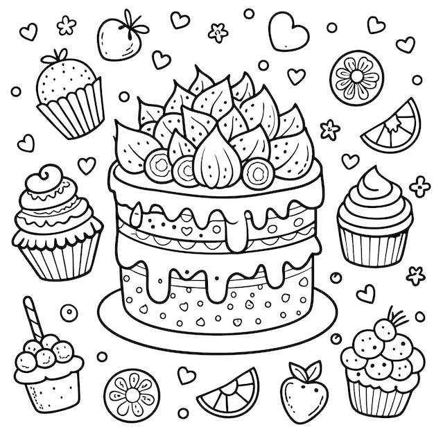 Vector handdrawn black and white illustration of cupcakes and cake