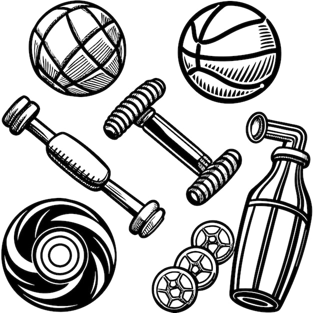 Handdrawn black and white illustration of various sports equipment including a basketball dumbbells a soccer ball and a water bottle