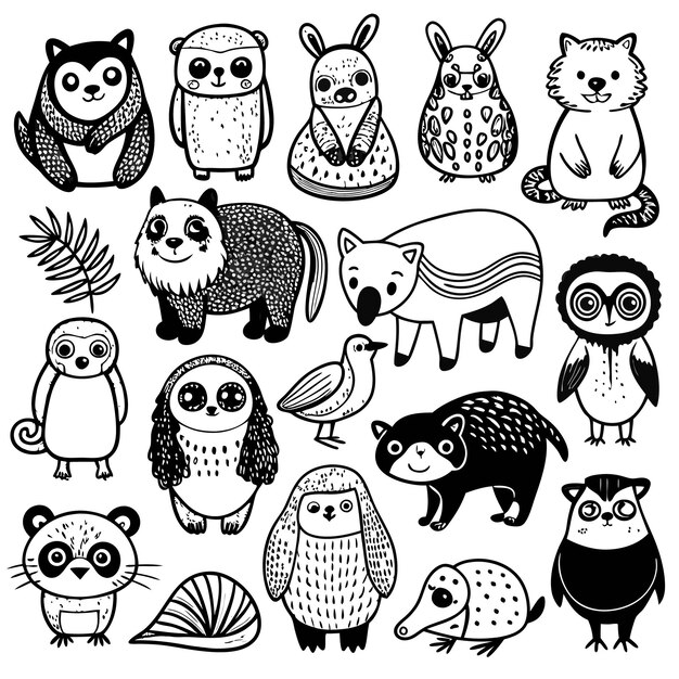 Vector handdrawn black and white illustrations of various animals including a panda owl penguin koala and more