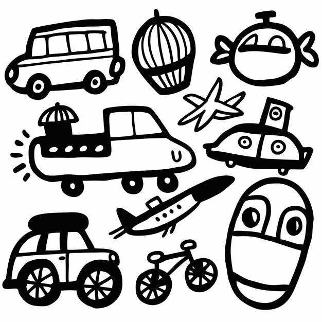 Vector handdrawn black and white illustrations of various vehicles and objects