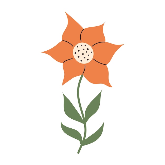 Handdrawn blooming plant flat simple design Doodle orange flower isolated on transparent background Decorative Blossoming spring wildflower Botanical summer hand drawn cards or posters element