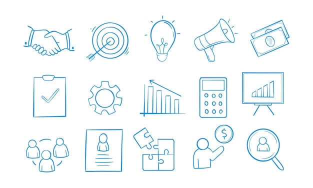 HandDrawn Blue Icons Representing Business Concepts