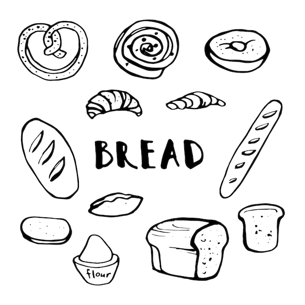 Handdrawn bread doodle set Black isolated icons Vector illustration