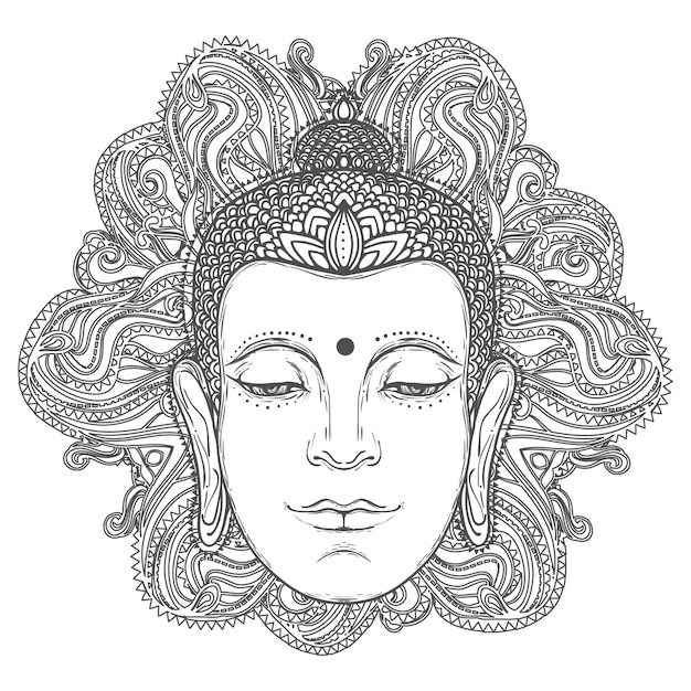 Handdrawn Buddhas head with abstract mandala