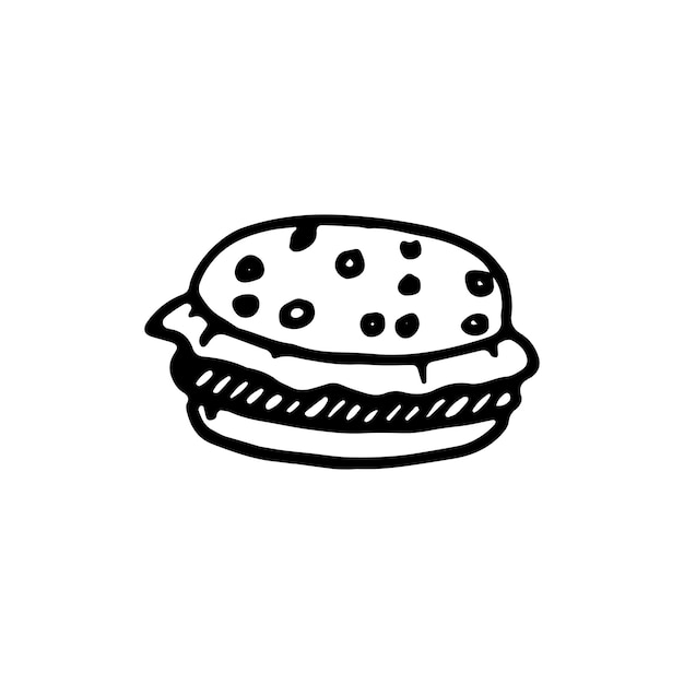 Handdrawn burger doodle icon. Hand drawn black sketch. Sign symbol. Decoration element. White background. Isolated. Flat design. Vector cartoon illustration.