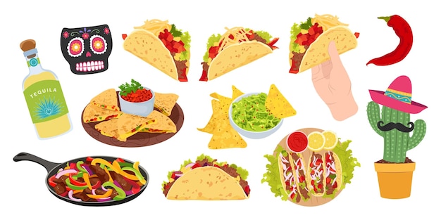 Vector handdrawn burritos and tacos set different types of burritos and tacos from different sides