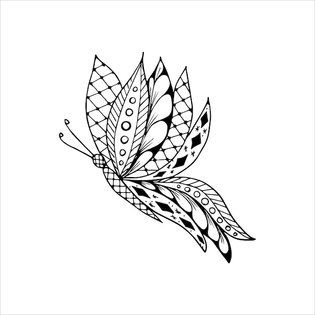 Handdrawn butterfly doodle element for coloring invitation postcard Black and white vector image