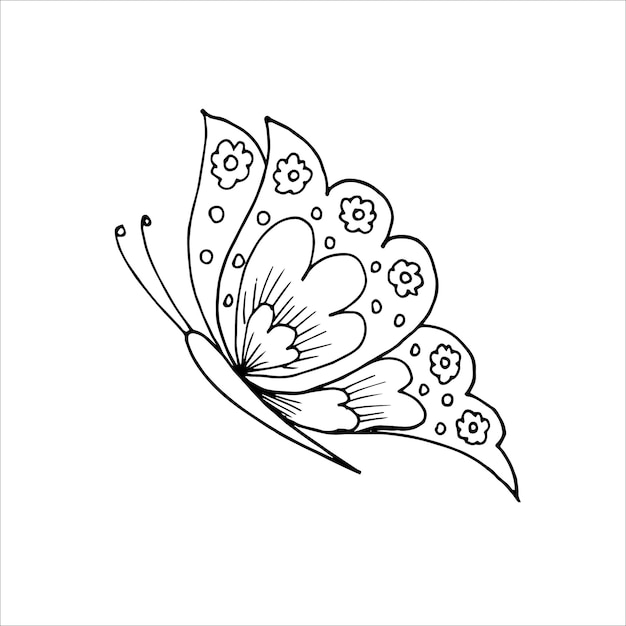 Handdrawn butterfly doodle element for coloring invitation postcard Black and white vector image