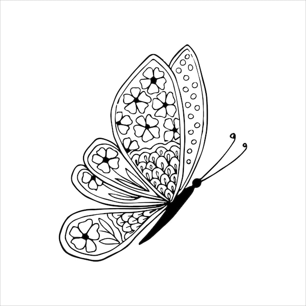 Handdrawn butterfly doodle element for coloring invitation postcard Black and white vector image