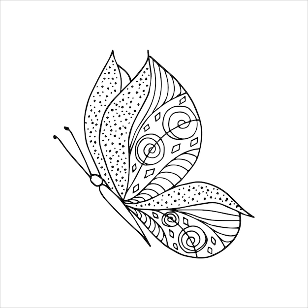 Handdrawn butterfly doodle element for coloring invitation postcard Black and white vector image