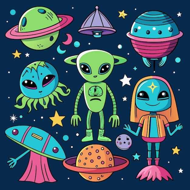 Vector handdrawn cartoon alien characters