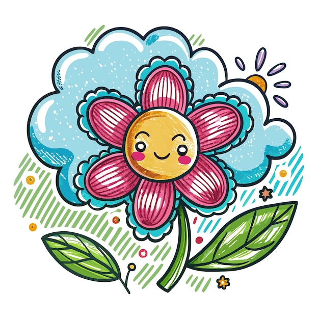 Vector handdrawn cartoon flower with a smiling face