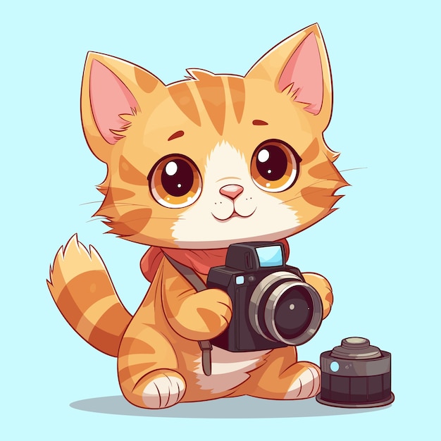 Handdrawn cartoon pet with camera flat vector icon illustration