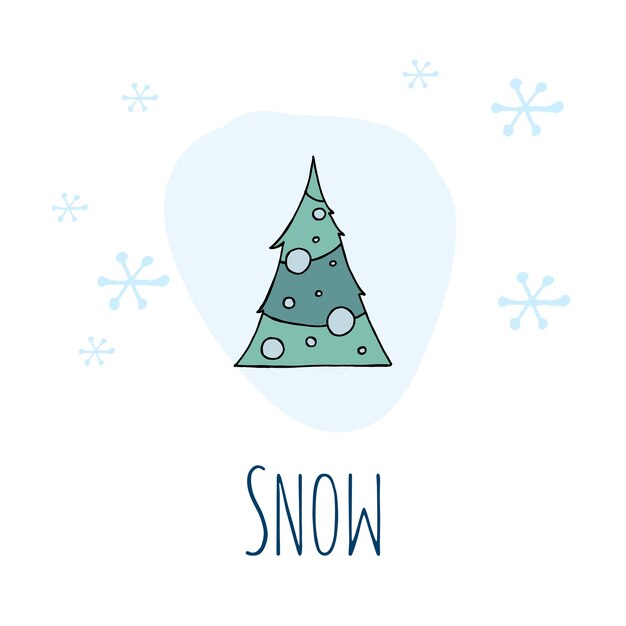 A handdrawn christmas tree Colored vector illustration in doodle style Winter mood Hello 2023 Merry Christmas and Happy New Year Green tree with a blue toys and snowflakes on a white background