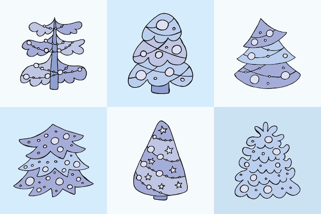 A handdrawn christmas tree Vector illustration in doodle style Winter mood Hello 2023 Merry Christmas and Happy New Year Blue trees with a toys on a blue background