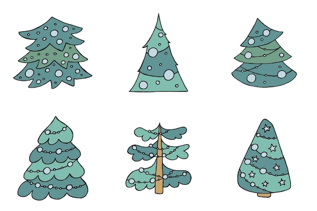 A handdrawn christmas tree Vector illustration in doodle style Winter mood Hello 2023 Merry Christmas and Happy New Year Green trees with a blue toys on a white background