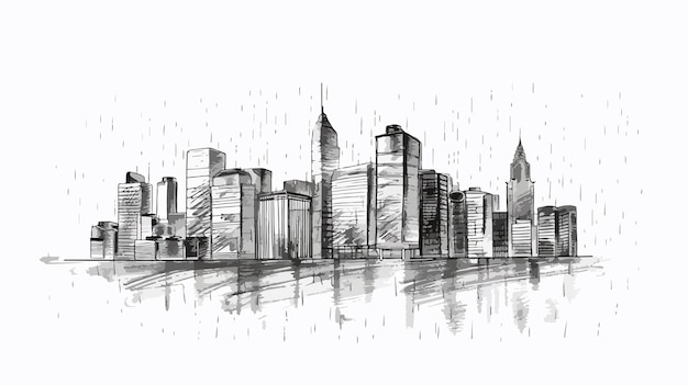 Vector handdrawn cityscape in rainy weather