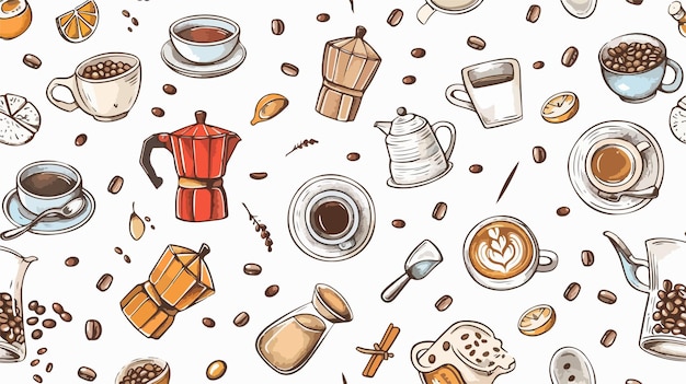 Vector handdrawn coffee items seamless pattern