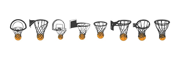 Handdrawn collection of basketball hoops net and Basketball ball Line art vector illustration eps