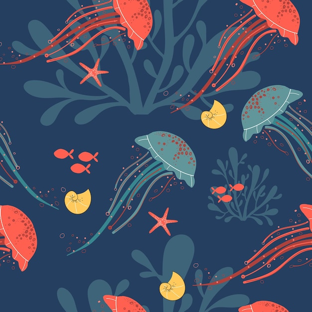 Handdrawn colored seamless repeating simple flat pattern with jellyfish