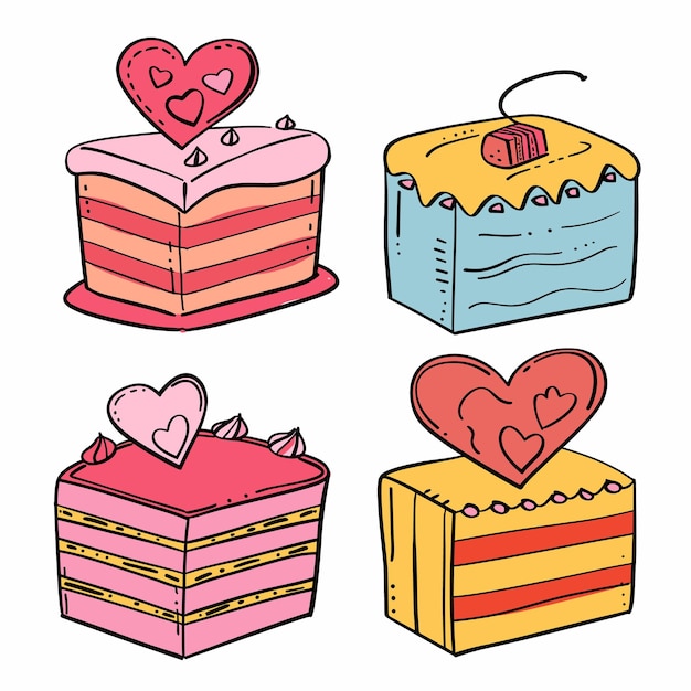 Handdrawn colorful cakes decorated hearts perfect Valentines Day romantic celebrations Sweet