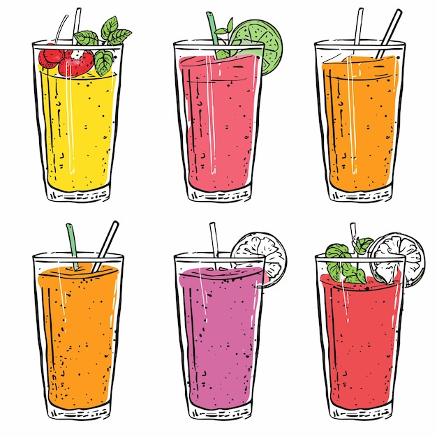 Handdrawn colorful fruit smoothie illustrations tall glasses garnished differently Sketch style