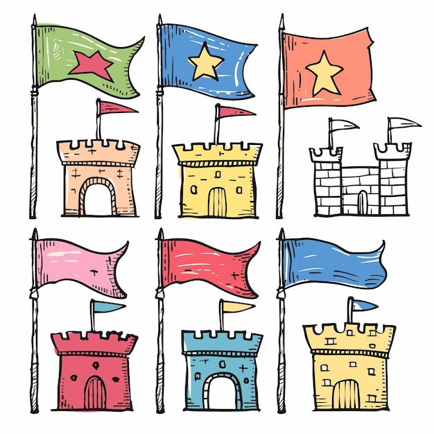 Handdrawn colorful medieval flags castles illustration Red green blue yellow flags stars