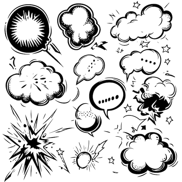 HandDrawn Comic Speech Bubbles Collection Black and White Sketch Style