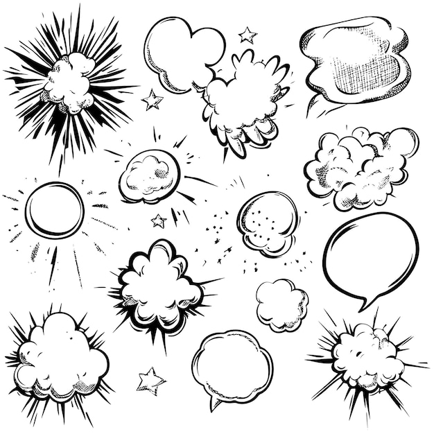 HandDrawn Comic Speech Bubbles Collection Black and White Sketch Style